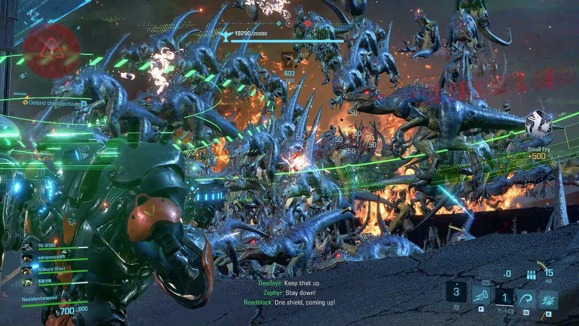 A huge horde of raptors pours towards a mech suit aiming its rifle towards them