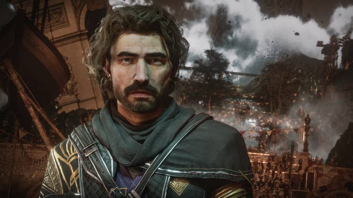 Screenshot of Clair Obscur: Expedition 33 showing close up of male character with long dark hair and a moustache