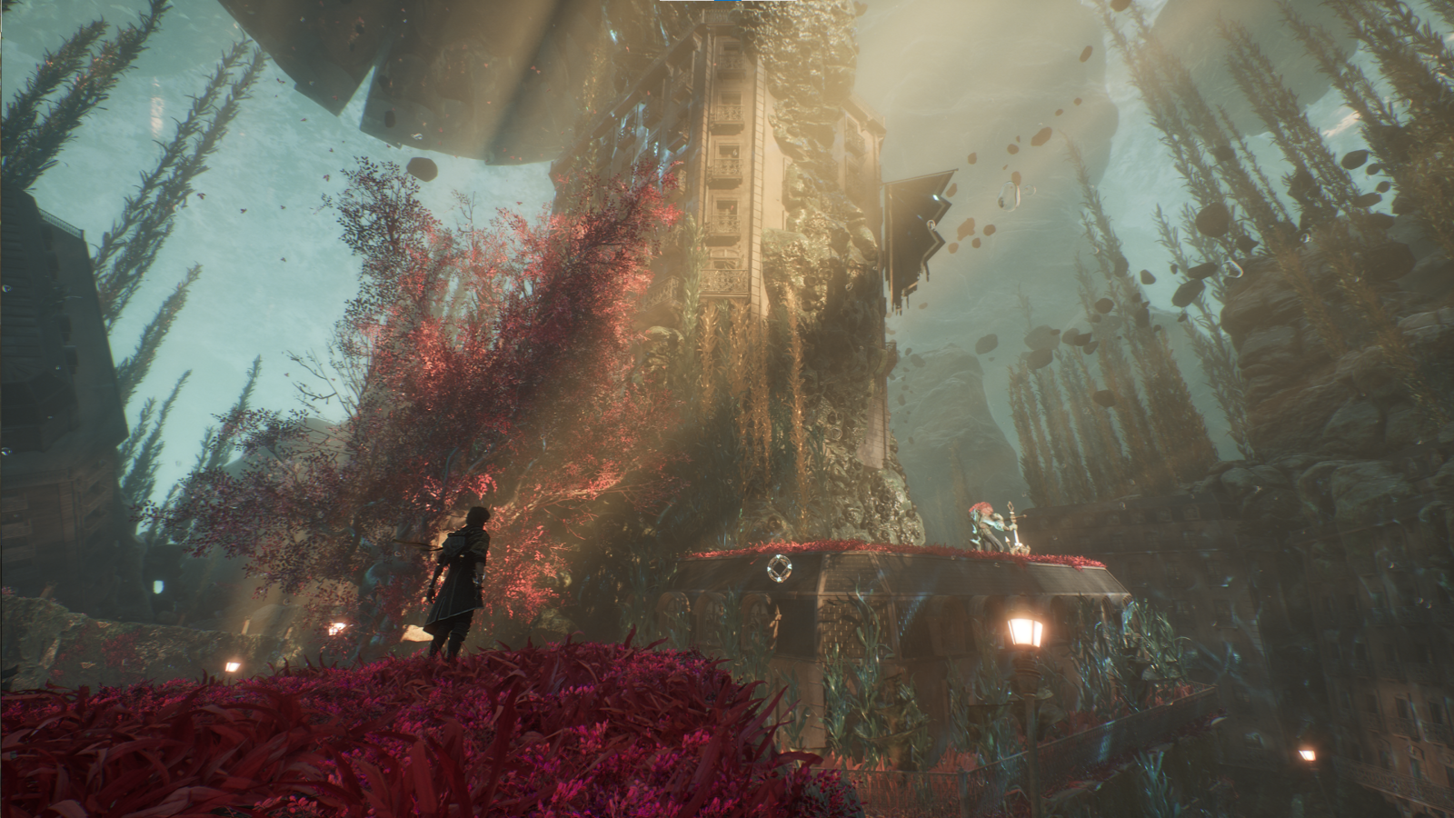Clair Obscur: Expedition 33 screenshot showing a man stood next to huge underwater structure covered in coral