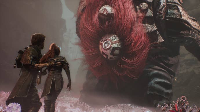 Clair Obscur: Expedition 33 screenshot showing two characters next to a giant masked enemy with scarlet hair
