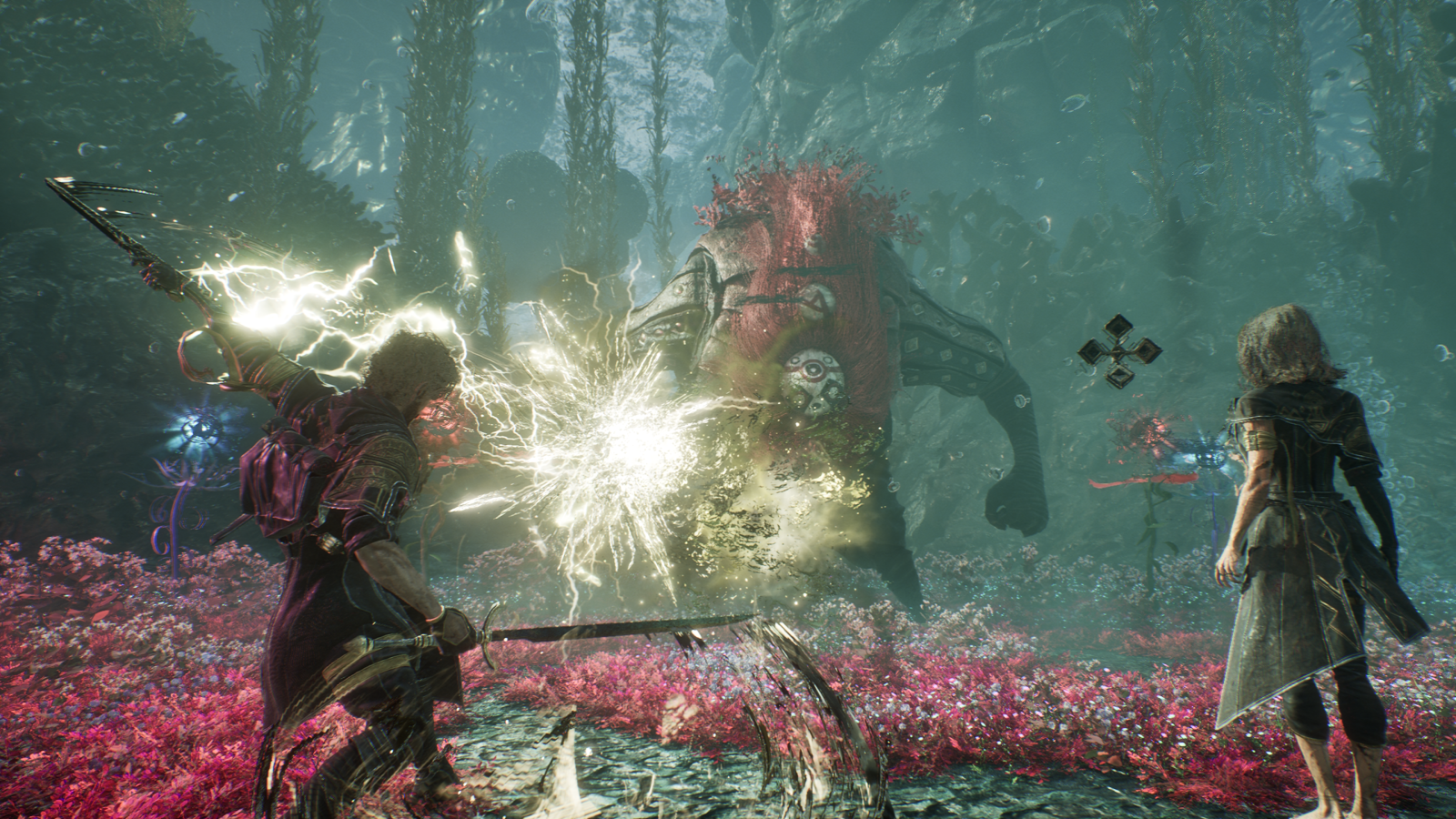 Clair Obscur: Expedition 33 screenshot showing two characters from behind battling a strange masked enemy creature