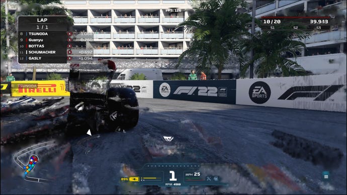 An AI-generated frame in F1 2022, showing visual errors due to a lack of applicable data from similar, recent frames.