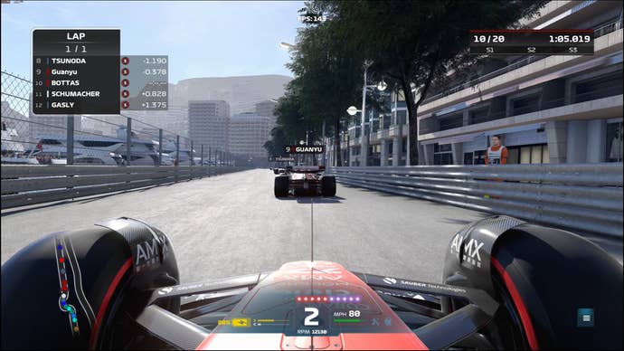 A traditionally rendered DLSS 3 frame in F1 2022, showing a driver’s-eye view of a race in Monaco.
