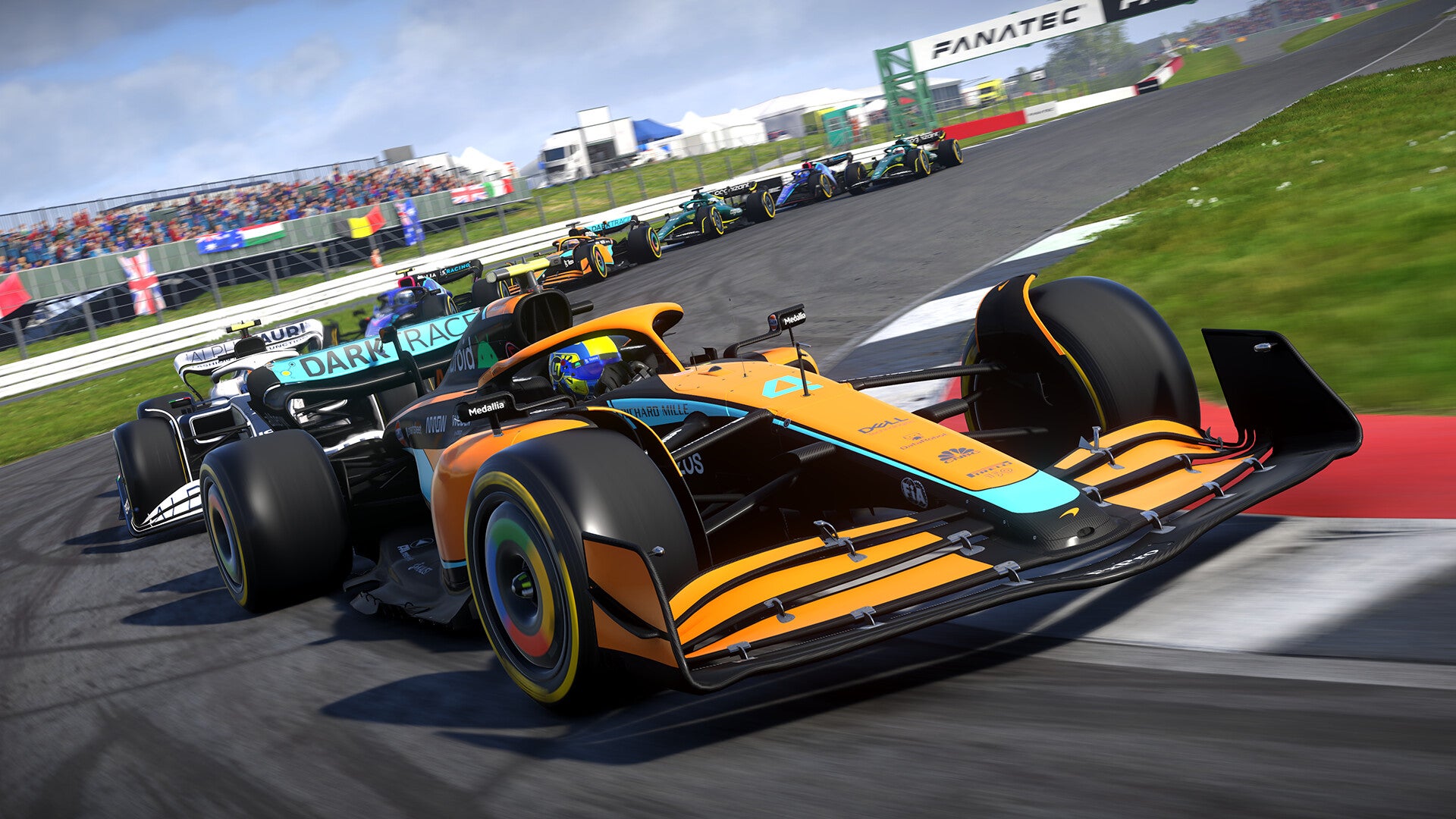 An F1 22 screenshot showing the race leader narrowly leading the pack at Silverstone. - 17