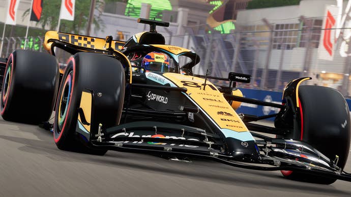 f1 23 key art showing oscar piastri’s mclaren f1 car on track at Las Vegas