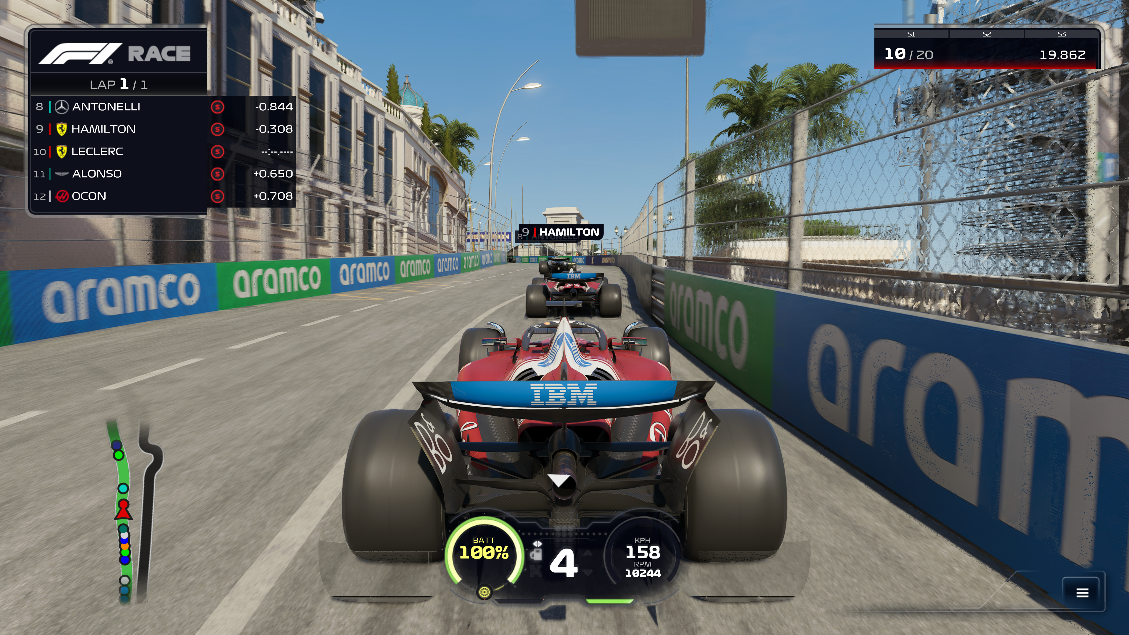 F1 25, mid-race in Monaco, showing AMD frame generation before the Redstone update. - 16