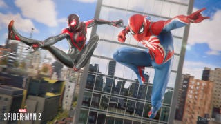 Miles Morales and Peter Parker swing into action from a skyscraper in Spider-Man 2.