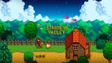 Stardew Valley screenshot showing pixel female farmer riding a horse next to a chicken and a farmhouse, rolling hills in the background and game logo centre
