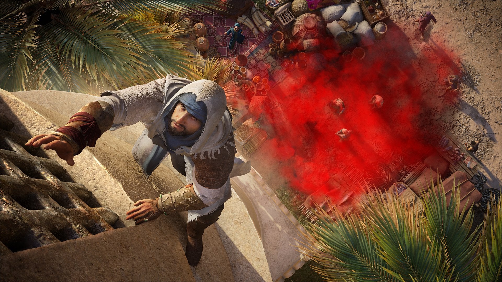 Assassin&rsquo;s Creed Mirage star Basim climbs a building to escape from enemies.