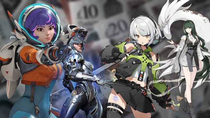 Characters from Overwatch, Wuthering Waves, ZZZ, and The First Descendant over a blurred, decoloured background of UK money.