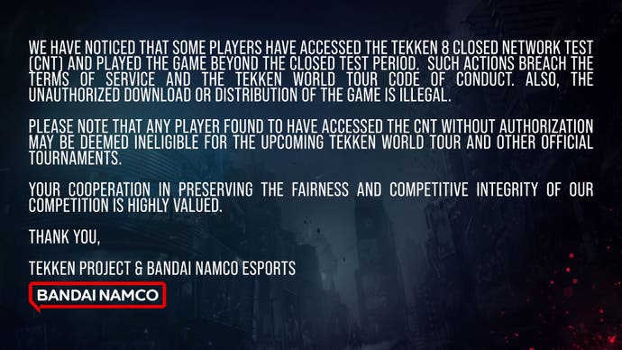 Bandai Namco Tekken 8 warning statement