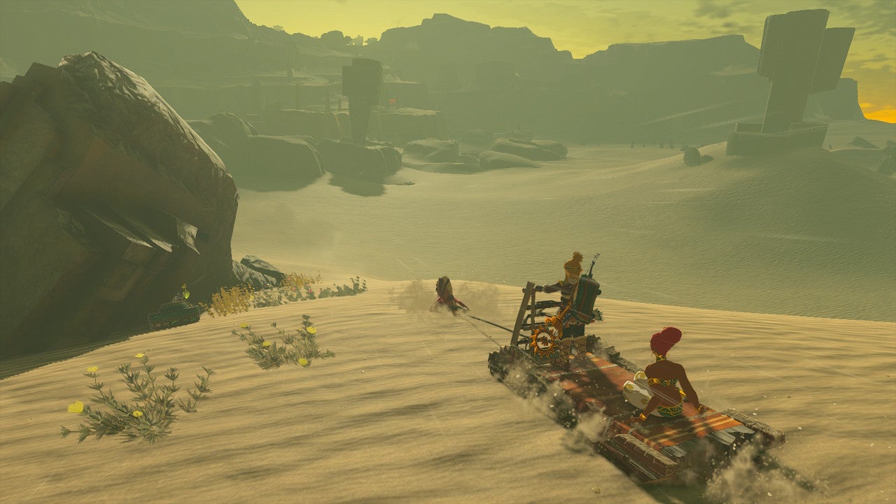 Link on a horse and cart from Zelda: Tears of the Kingdom.