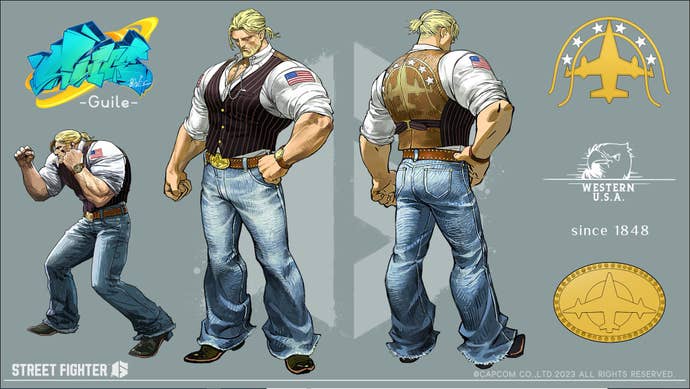 Guile in his Outfit 3 costume in Street Fighter 6; a fetching waistcoat and blue jeans.
