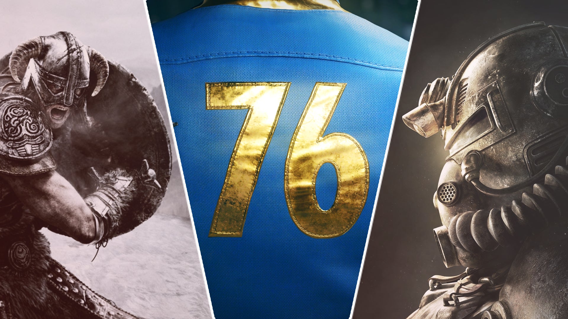 Split image featuring a Vault-Tec suit of a Fallout 76 character in the middle, flanked by a Fallout 4 power armour suit and a Dragonborn from Skyrim - 1