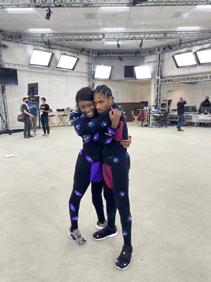 Ofili with Miles Morales actor Nadji Jetter on the set of Marvel’s Spider-Man 2