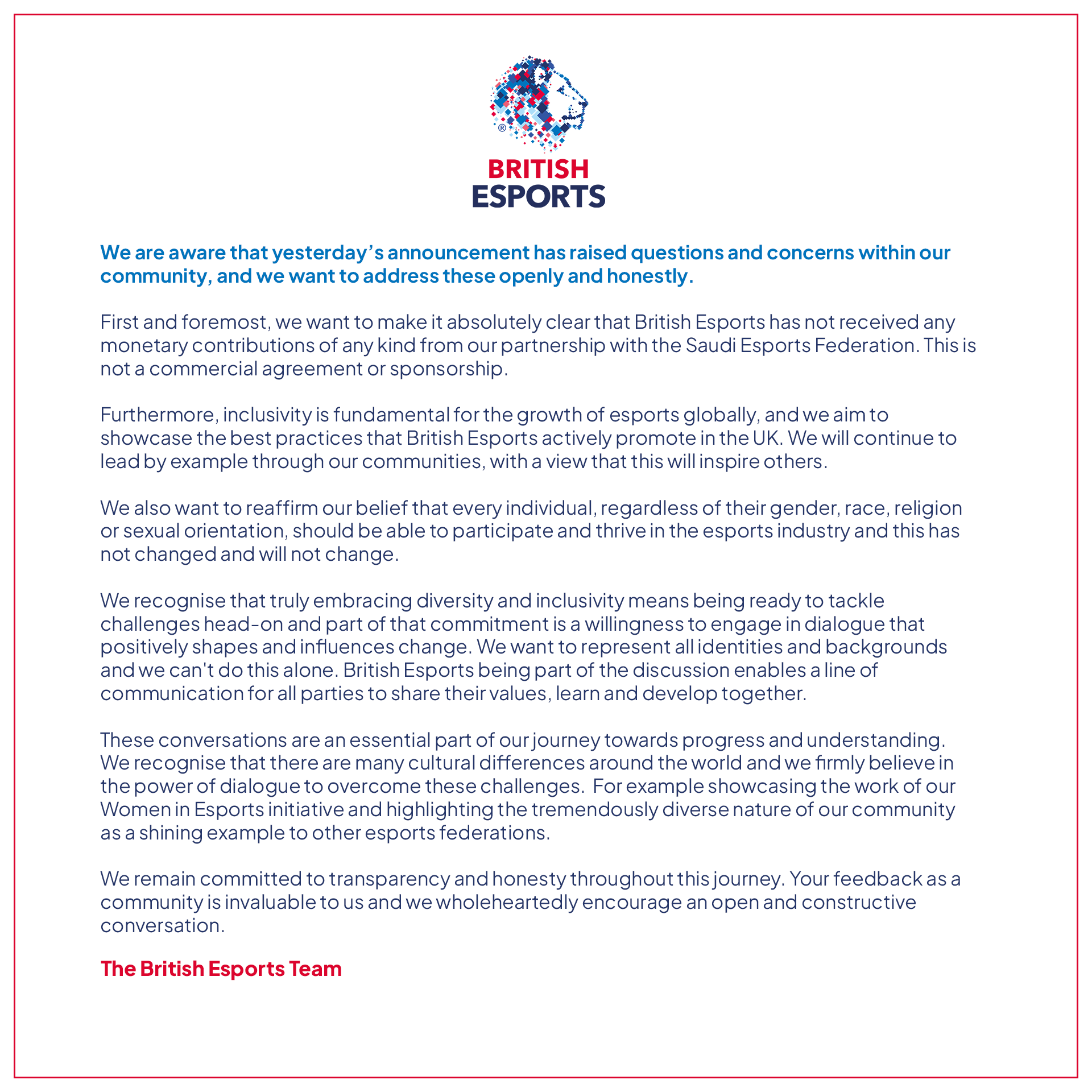 British eSports' statement regarding its partnership with Saudi