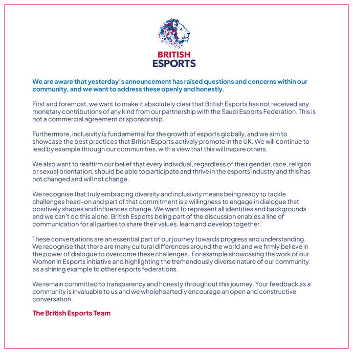 British eSports' statement regarding its partnership with Saudi