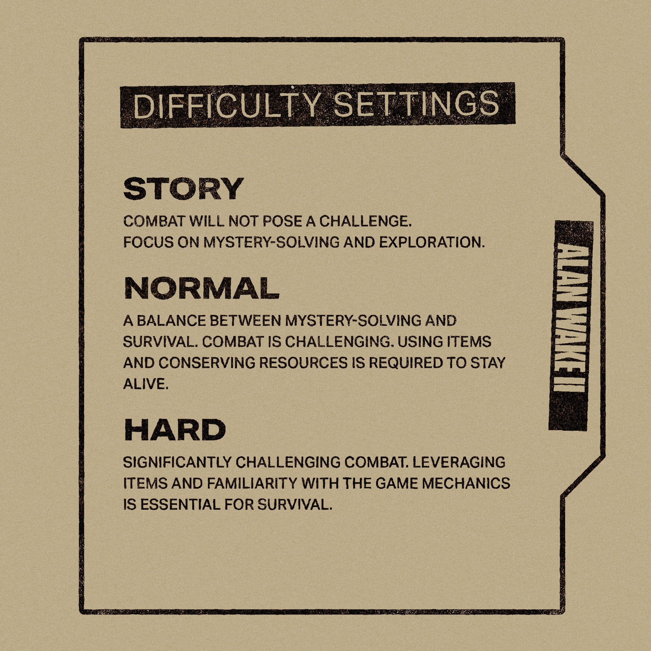 Alan Wake 2&rsquo;s three difficulty settings laid out on a dossier style backdrop