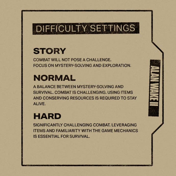 Alan Wake 2’s three difficulty settings laid out on a dossier style backdrop