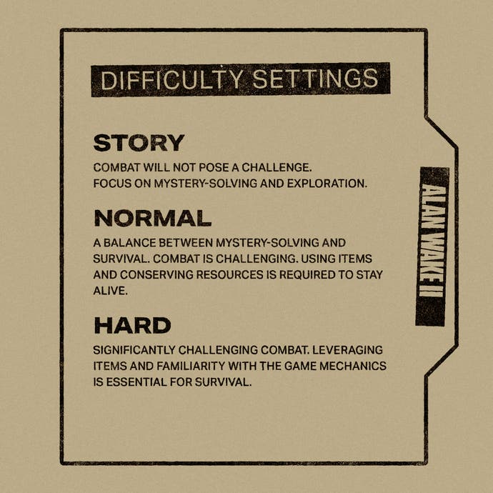 Alan Wake 2's three difficulty settings laid out on a dossier style backdrop