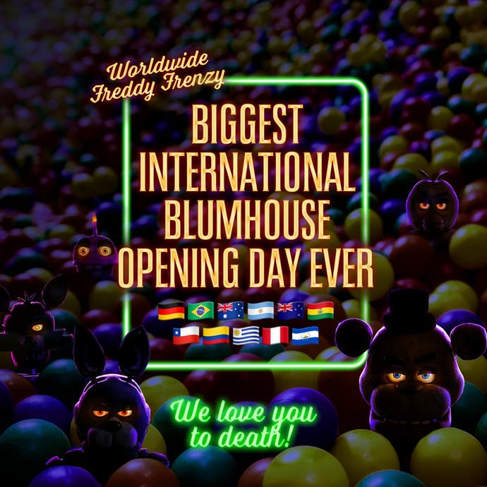 Blumhouse image celebrating its "biggest" international opening day ever following the release of Five Nights at Freddy's