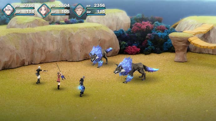 Fantasian screenshot showing three characters in turn-based battle against blue coloured wolves