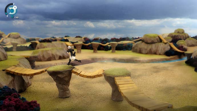 Fantasian screenshot showing white-haired male character walking over wooden walkways in grassy hills