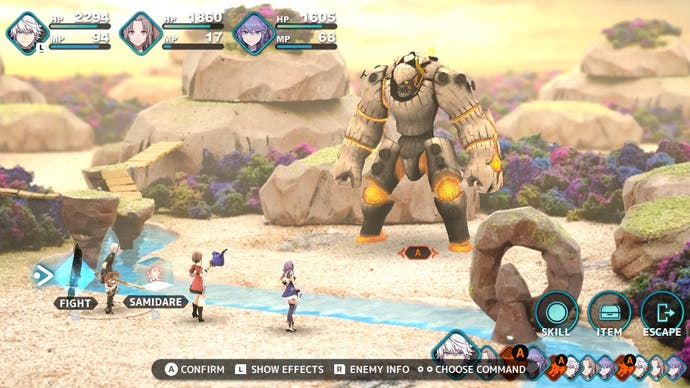 Captura de tela do Fantasian mostrando três personagens em batalha contra um golem de pedra gigante