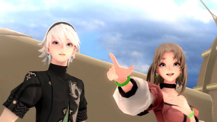 Fantasian cutscene image showing two anime-styled characters: a white-haired man in black and a long-haired female mage