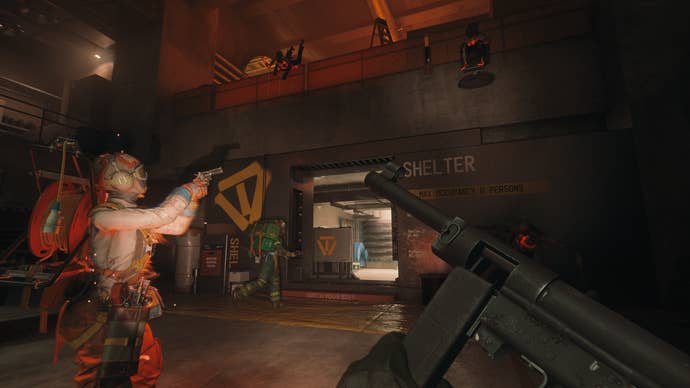 Players explore a darkened room in FBC: Firebreak.