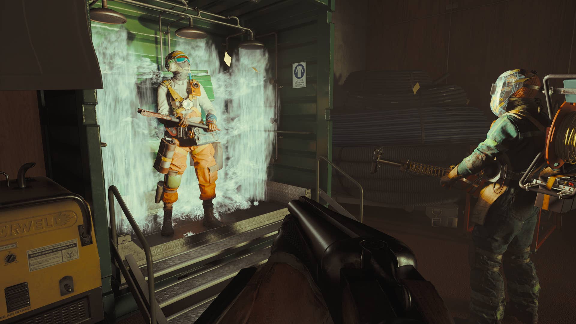 Two players in FBC: Firebreak, one of them appears frozen to a wall.