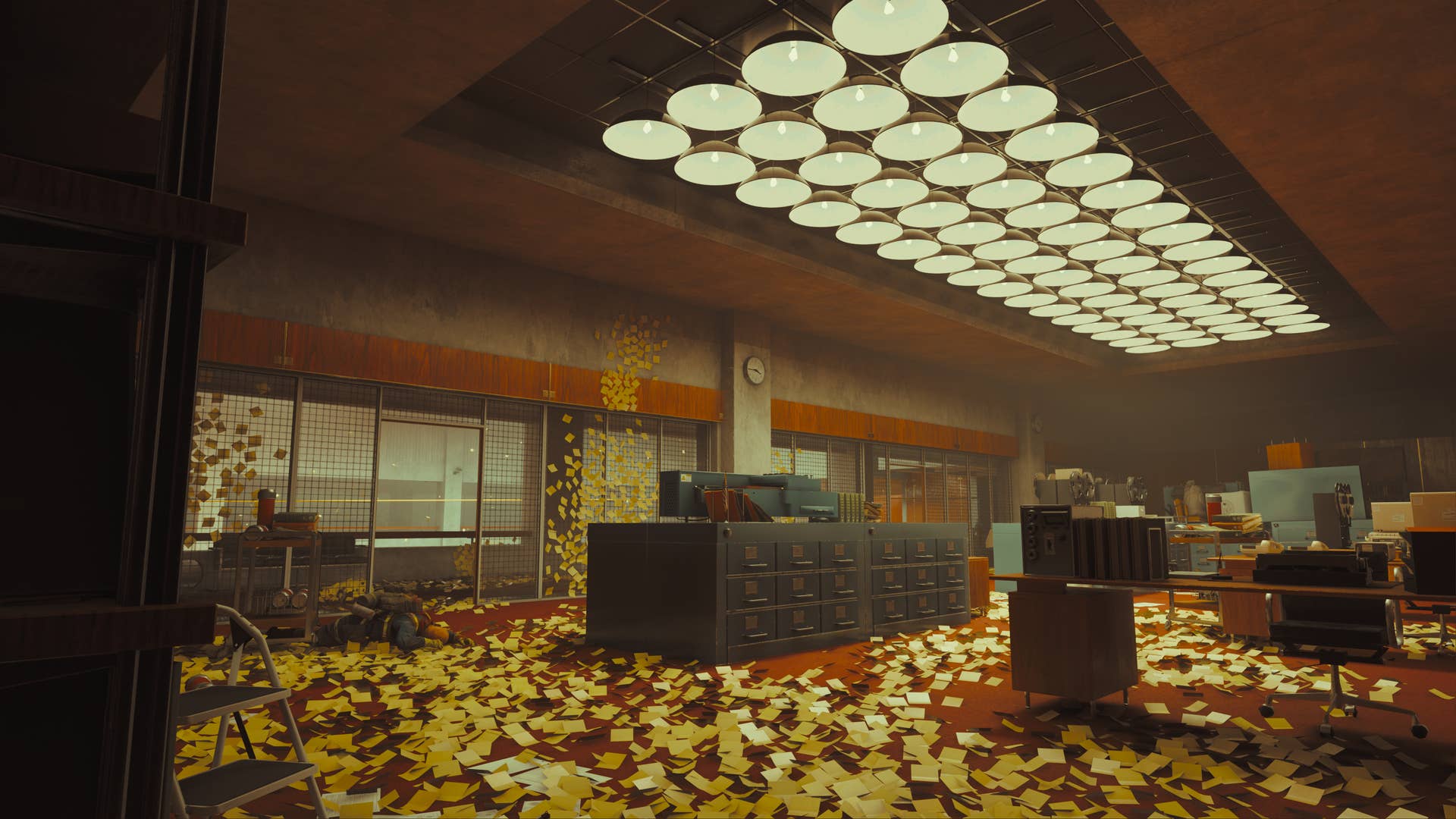 An office interior from FBC: Firebreak showing a room filled with Post-its.