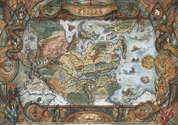 A very decorative map illustration of the world of Dragon Age.