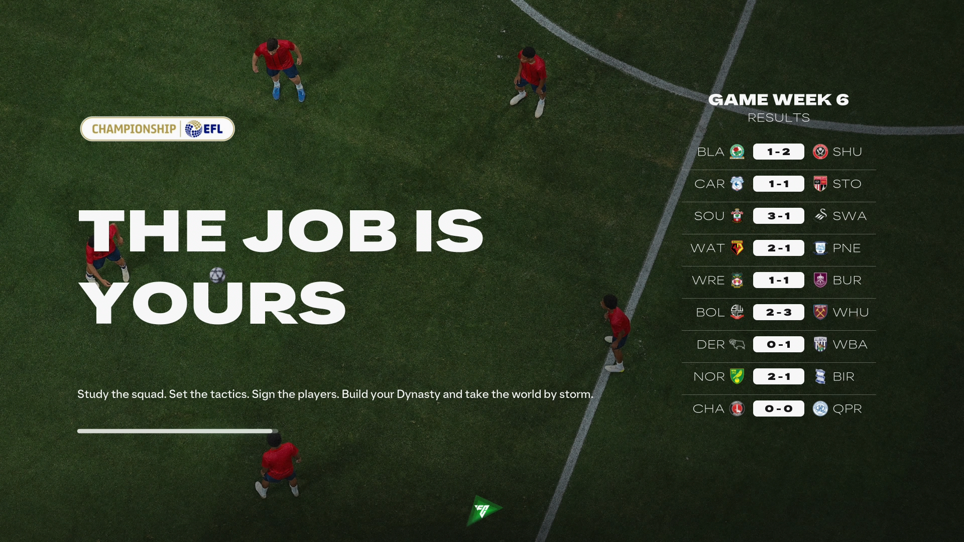 The splash screen at the beginning of a manager Career season, saying "The Job is Yours."