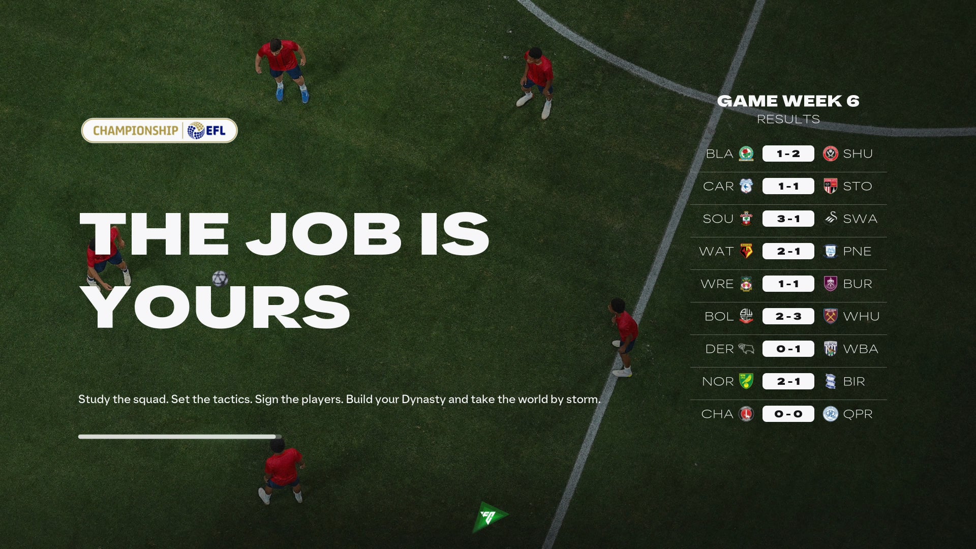 The splash screen at the beginning of a manager Career season, saying "The Job is Yours."