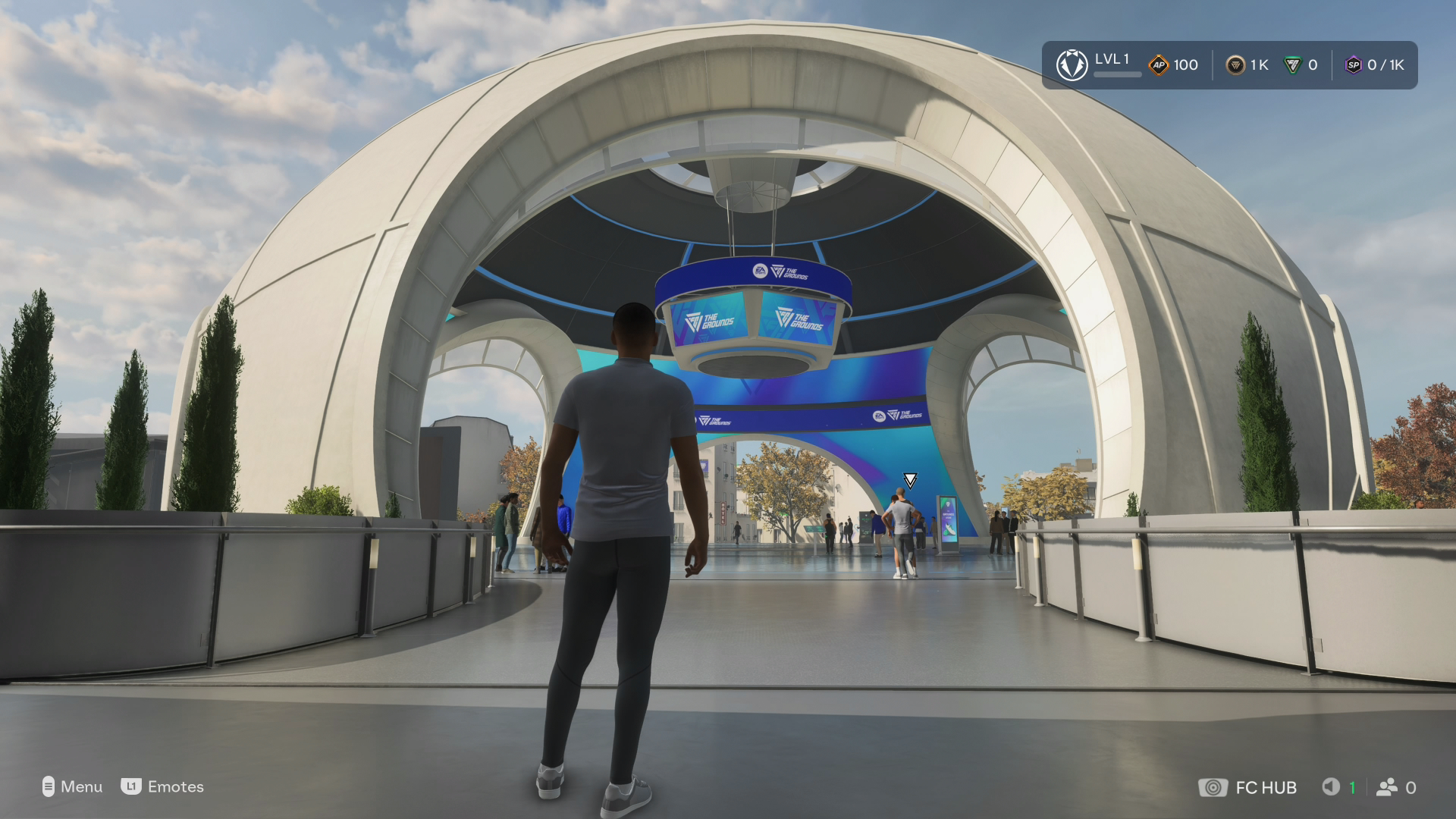 A white-domed kiosk in The Grounds, with various NPCs scattered within.