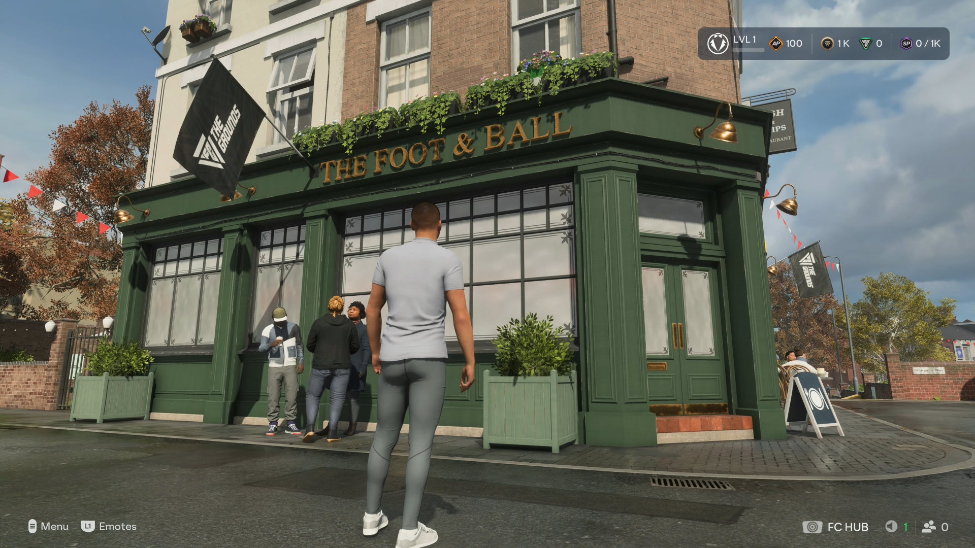 A shot of the "Foot & Ball" pub, in the Parkside area of The Grounds.