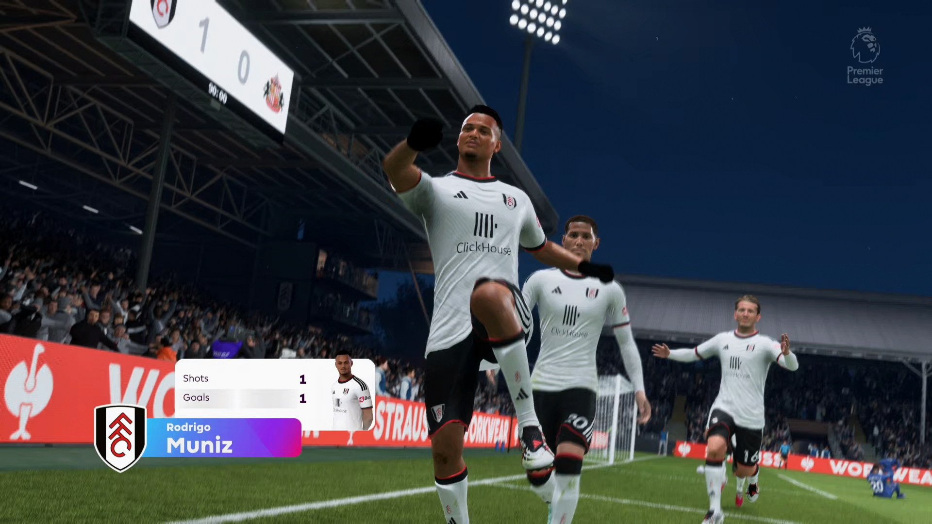 Fulham's Rodrigo Muniz celebrates a leaping late goal with his teammates.