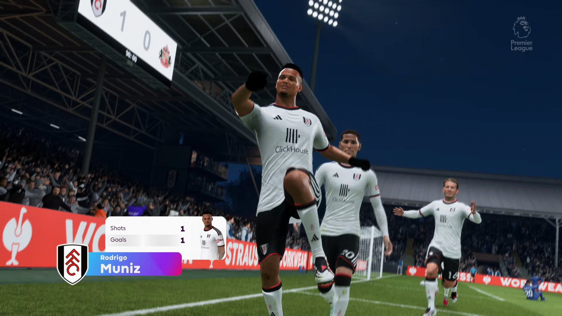 Fulham's Rodrigo Muniz celebrates a leaping late goal with his teammates.