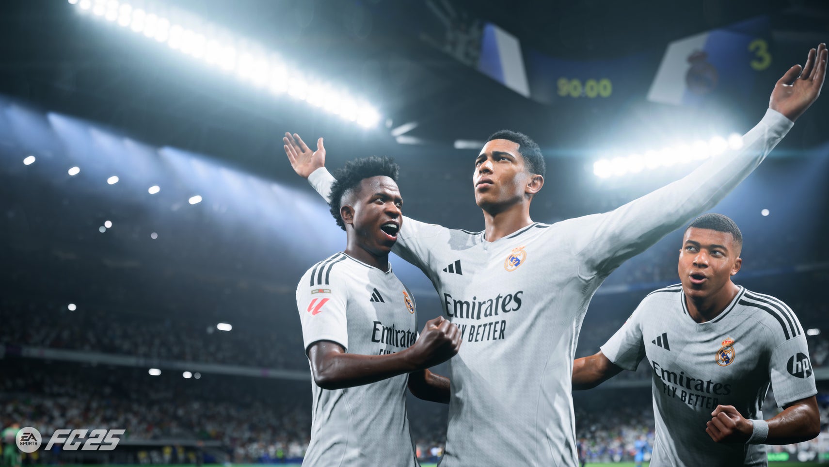 Jude Bellingham celebrating a goal with Vini Jr and Kylian Mbappe in EA Sports FC 25. - 1