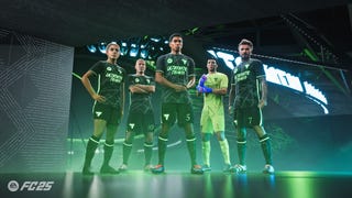 A lineup of five FC 25 Rush players in dark green kit in the Rush stadium