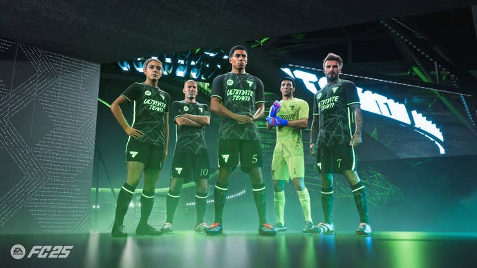 A lineup of five FC 25 Rush players in dark green kit in the Rush stadium