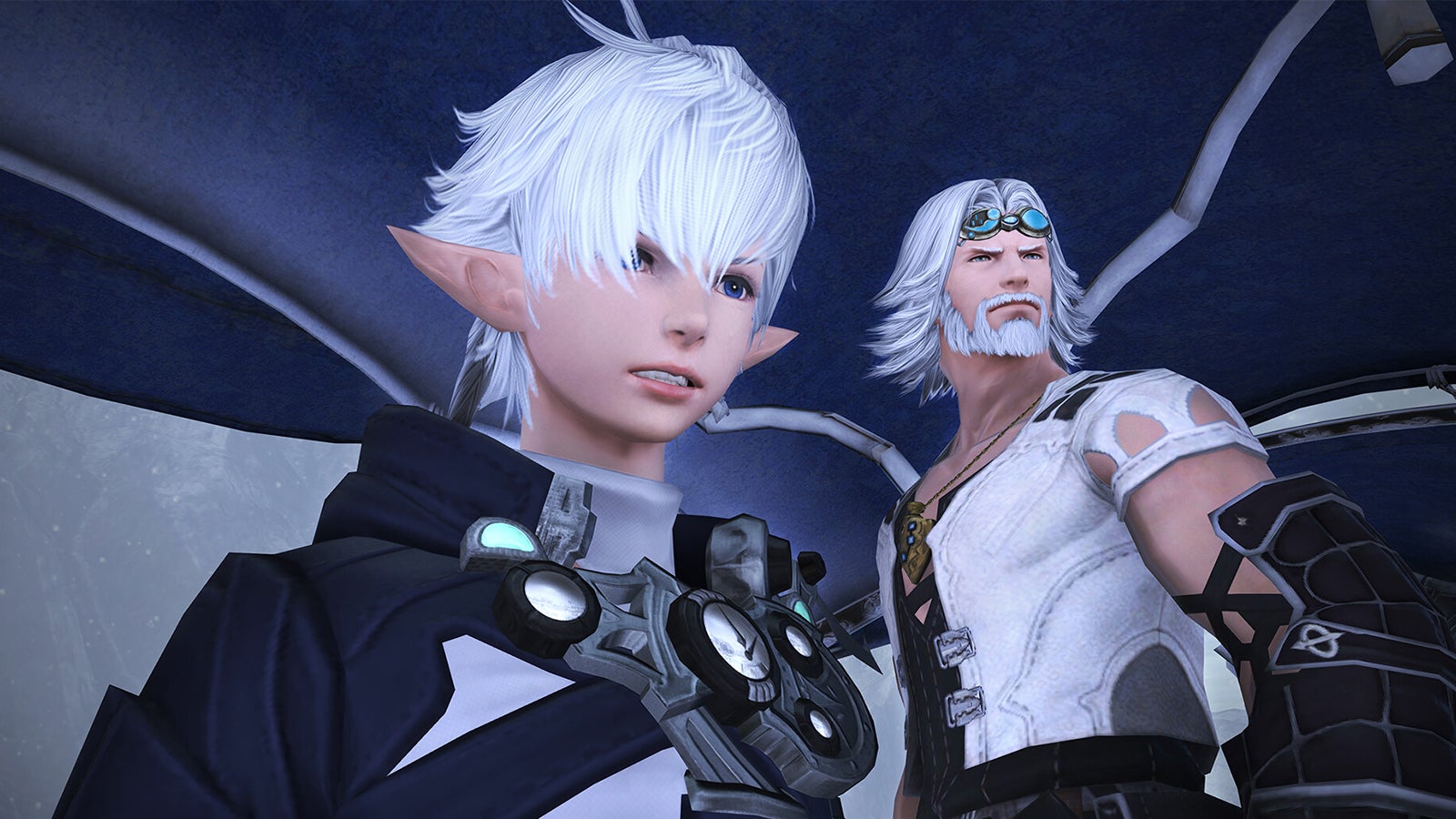 Two white-haired characters in Final Fantasy 14 Online.