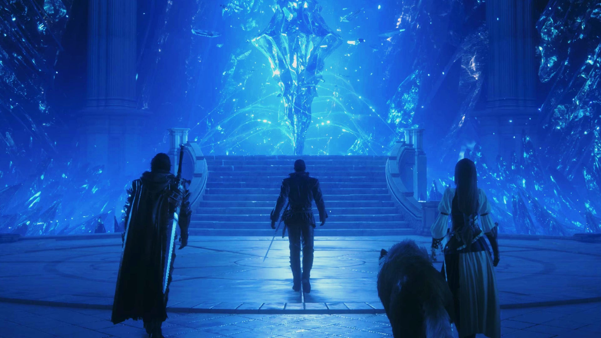 Cid, Clive, Jill and Torgal approach a mother crystal in a climactic scene in Final Fantasy 16.