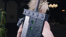 Cloud in Final Fantasy 7 Rebirth, wearing his Buster Sword on his back. Green balls of Materia are equipped in two slots on the weapon.