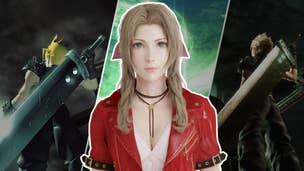 Remake's version of Aerith stands between the old and new versions of Cloud looking at Midgar with his Buster Sword over his shoulder.