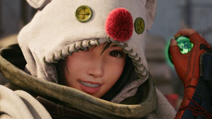 Close up of Yuffie from Final Fantasy 7 Remake in a moogle poncho