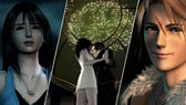 Rinoa and Squall in Final Fantasy 8; two headshots of each character flanking the famous Waltz scene on Disc 1.