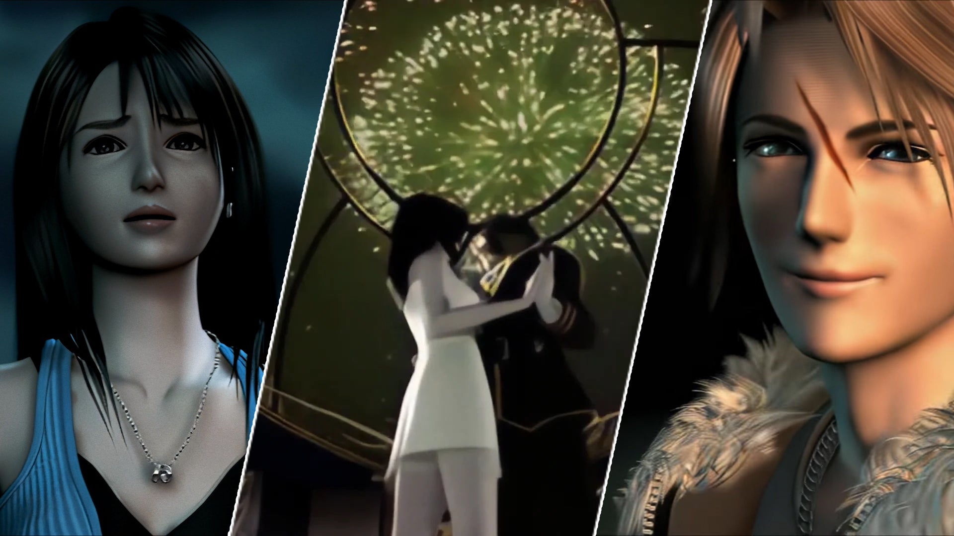 Rinoa and Squall in Final Fantasy 8; two headshots of each character flanking the famous Waltz scene on Disc 1. - 1