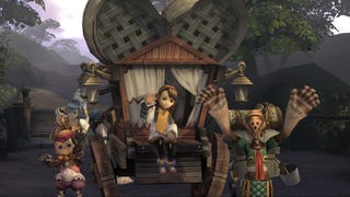 Final Fantasy Crystal Chronicles screenshot showing characters waving from the back of a caravan